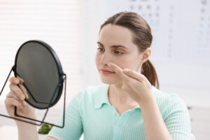 Young woman putting on contact lenses near mirror in ophthalmologist office