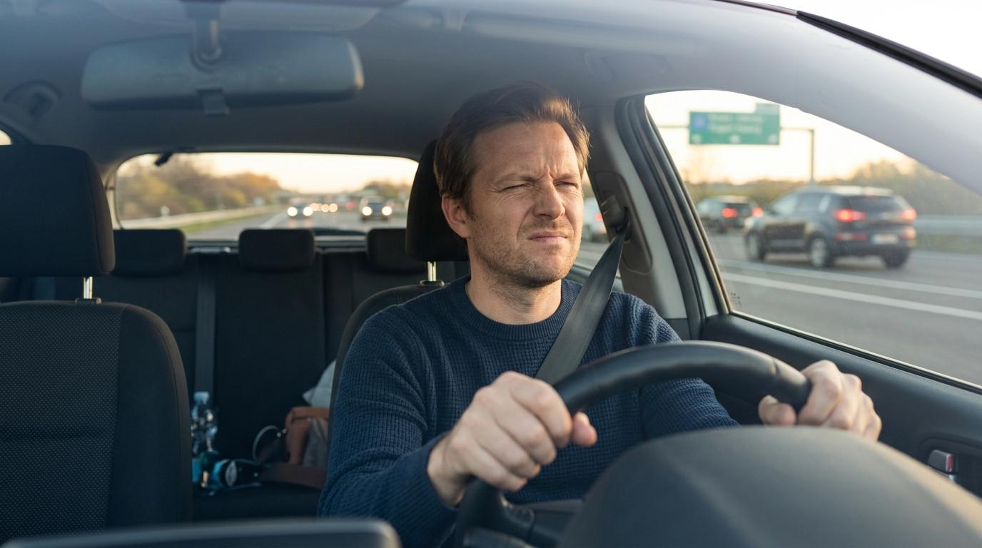 A person squinting at the road as they drive a car