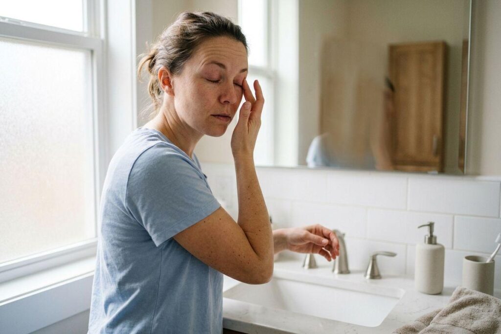 Adult in a blue T-shirt standing at a bathroom sink, eyes closed, rubbing one eye with a hand while reaching toward the faucet.