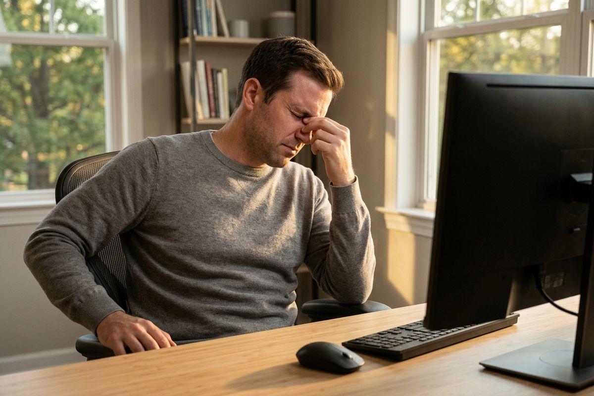 Adult sitting at a desk with a monitor, keyboard and mouse, eyes closed and pinching the bridge of the nose in a sunlit home office.
