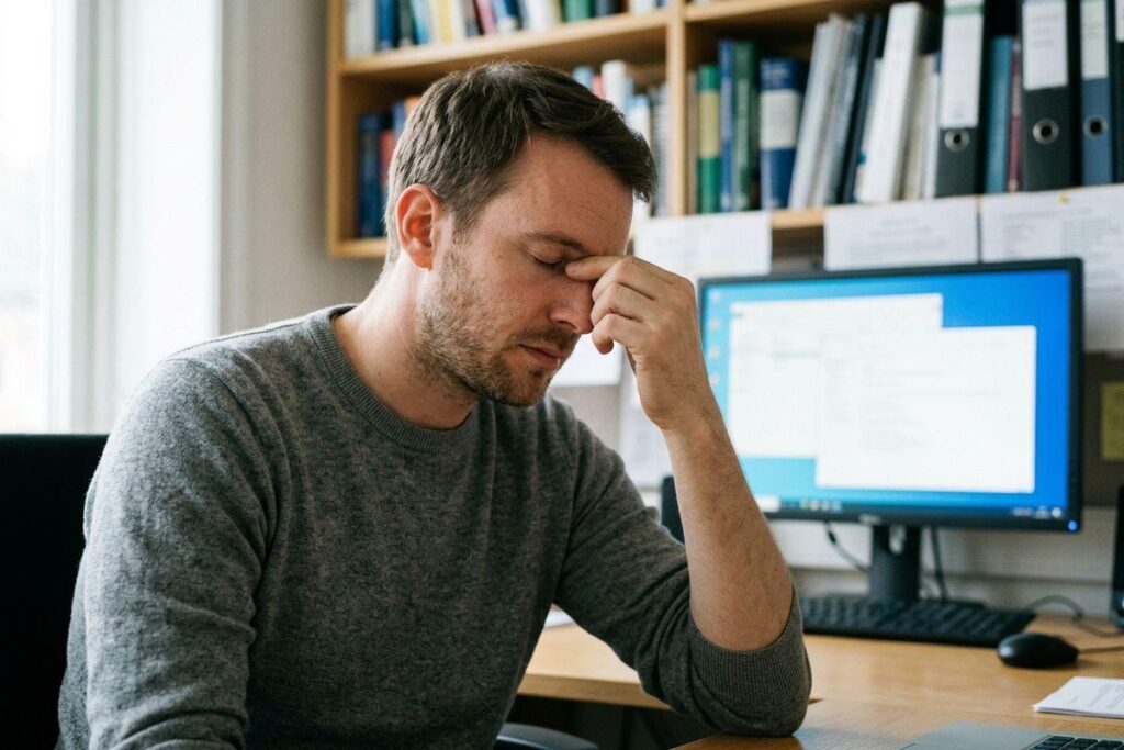 Adult in a gray sweater sits at an office desk with eyes closed, pinching the bridge of the nose, beside a computer monitor and bookshelves.